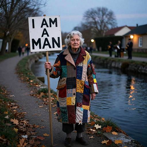 Elderly Woman Holding Protest Sign by Riverbank