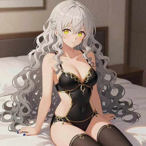 Anime Girl in Black Lingerie Sitting on Bed