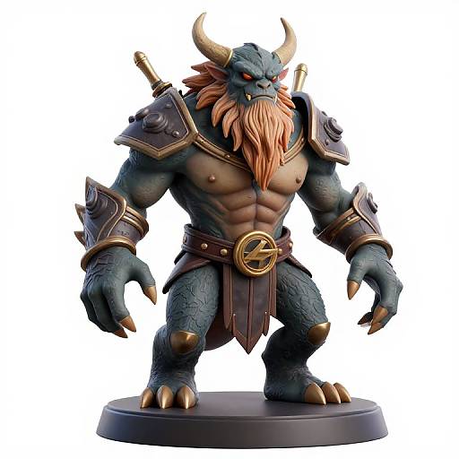 Photorealistic CGI of a muscular, blue-scaled minotaur with red beard, horns, and armor, standing on a circular base, displaying