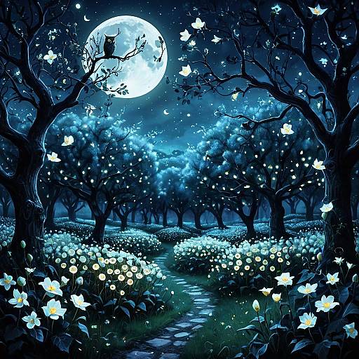 Mystical Twilight Orchard with Moonflowers