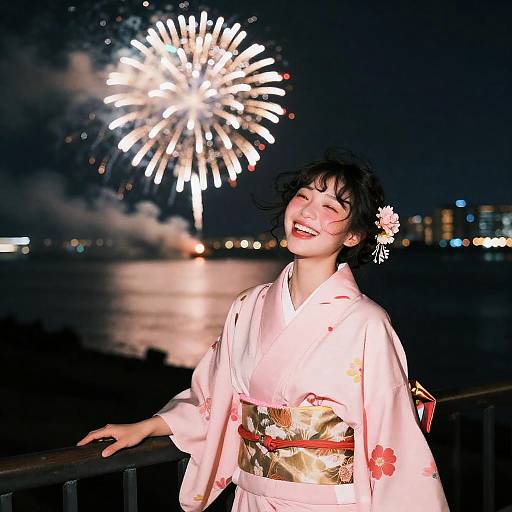 Young Woman in Pink Kimono with Fireworks at Night