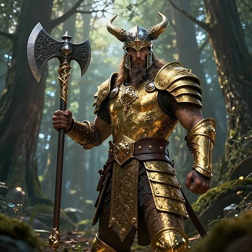 Digital artwork of a muscular, bearded Viking warrior with golden armor, horned helmet, and ornate axe in a sunlit forest.