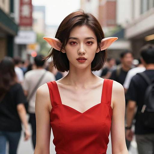 Photograph of an Asian woman with elf ears, short black hair, red sleeveless dress, standing in a blurred urban street crowd.