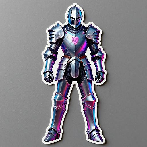 Digital illustration of a futuristic, neon-lit, metallic knight armor with a pink heart emblem on the chest, standing on a gray textured background.