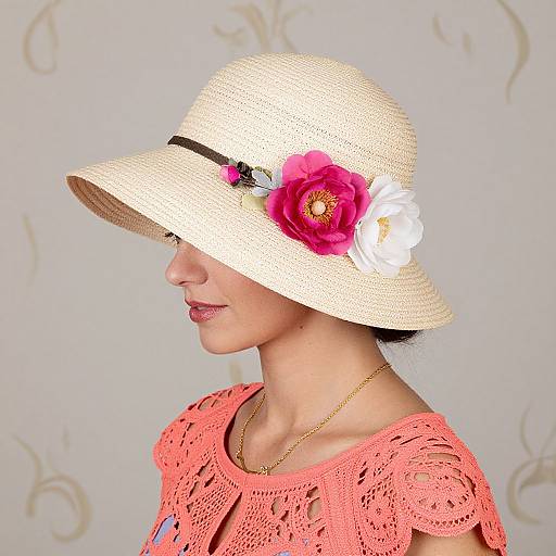 Photograph of a woman in a side profile wearing a beige straw hat with pink and white flowers, and a coral crocheted top, against a