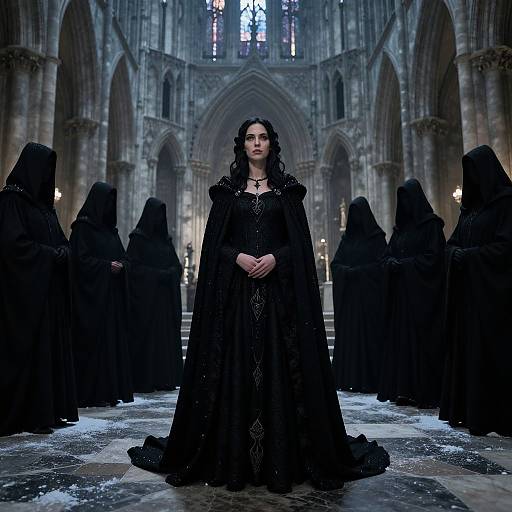 Photograph of a solemn woman in a black, ornate gown and cloak, standing centered in a Gothic cathedral with hooded figures. Dim, eerie