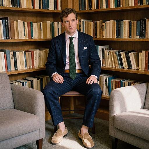 Photograph of a man with curly brown hair, wearing a dark plaid suit, white shirt, green tie, and tan loafers, seated between