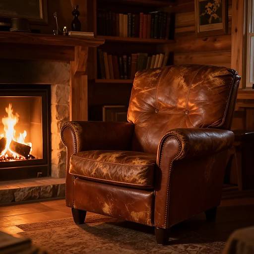 Photograph of a worn, brown leather armchair with tufted backrest, positioned in front of a roaring fireplace, in a cozy, wooden