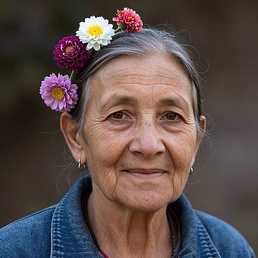 Photograph of an elderly woman with dark hair, adorned with a colorful flower crown, wearing a blue denim jacket, smiling softly against a blurred brown background