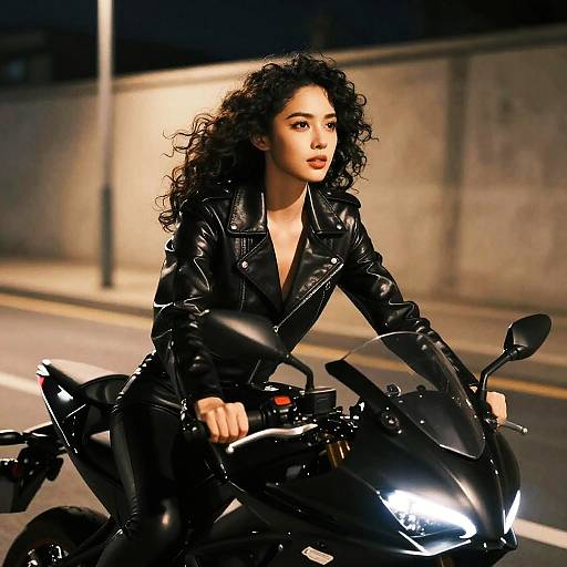 Photorealistic image of a curly-haired woman in a black leather jacket riding a sleek, black motorcycle at night, urban background.