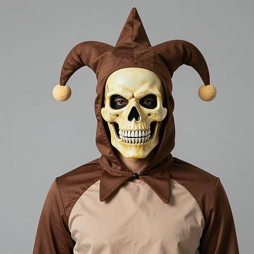 Person in Brown Jester Costume with Skull Mask