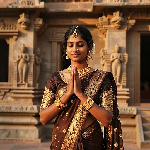 Photograph of an Indian woman in a gold-embroidered black sari, with hands in prayer, standing in front of an ornate temple