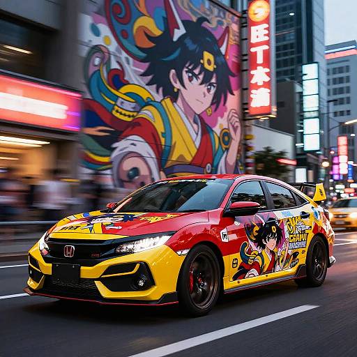Vibrant street scene: brightly colored, anime-themed Honda racing car speeds past a large, colorful anime mural and neon signs in a bustling urban area