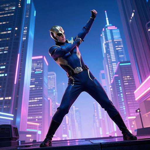 CGI image of a superhero in a blue suit and golden helmet, striking a confident pose in a neon-lit, futuristic cityscape with towering skys
