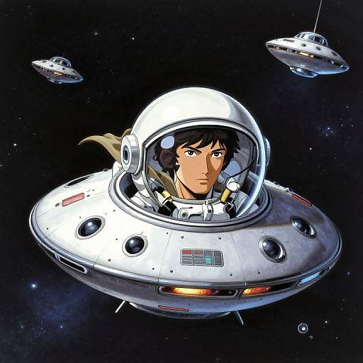 Digital illustration of a serious-faced astronaut with brown hair in a white helmet, flying a silver UFO with three smaller UFOs in the starry background.