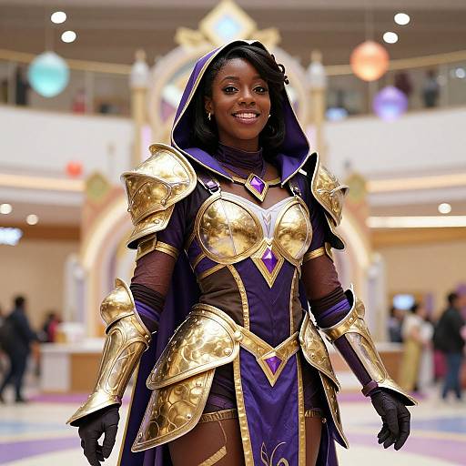 Photograph of a smiling Black woman in gold and purple fantasy armor with a hood, standing in a brightly lit, blurred convention center.