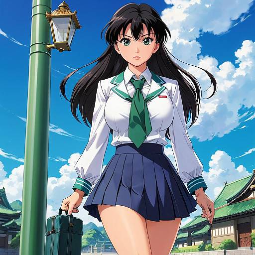 Anime-style drawing of a black-haired schoolgirl with large breasts, wearing a white blouse, green tie, and navy skirt, holding a suitcase, under