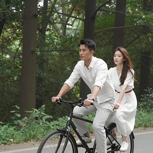 Couple Biking Through Lush Forest