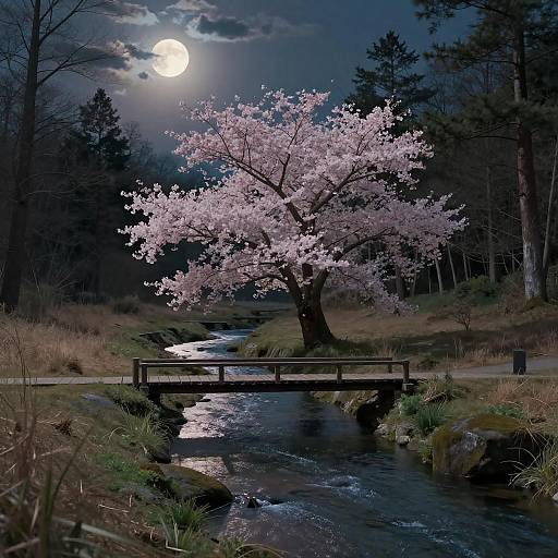 Moonlit Cherry Blossom Tree by River