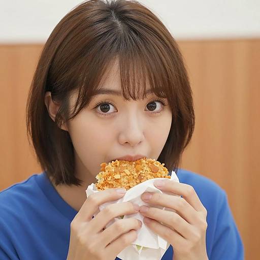 Asian Woman Eating Crumbly Snack