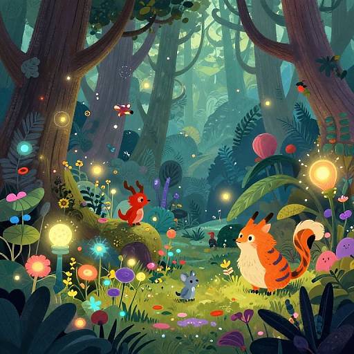 Vibrant digital illustration of a whimsical forest with glowing fireflies, colorful flowers, a red rabbit, and an orange squirrel, surrounded by towering
