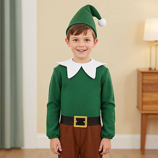 Photograph of a smiling young boy in a green elf costume with white collar, black belt, and brown pants, standing in a warmly lit, beige