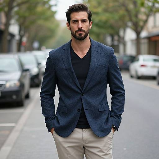Photograph of a handsome, bearded man with dark hair, wearing a navy blazer, black V-neck shirt, and beige pants, standing confidently