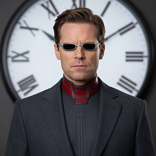 Photograph of a serious-looking man with brown hair, wearing black sunglasses, a dark gray suit, red striped shirt, and standing in front of a