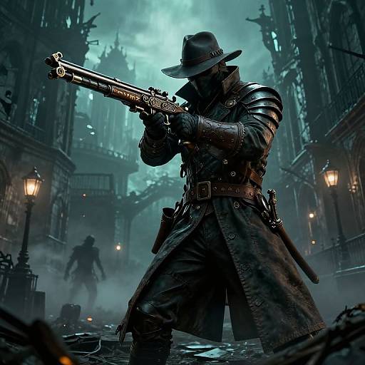 Digital art: Dark, masked vigilante in trench coat and armor, wielding a detailed revolver, stands in a foggy, gothic cathedral street.