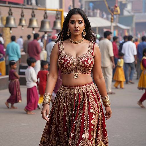 Photograph of a confident Indian woman with dark skin, long black hair, wearing a red and gold traditional lehenga and choli, adorned with jewelry