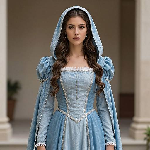 Photograph of a young woman with long brown hair, wearing a blue, medieval-style hooded dress with white lace trim, standing in a white-column