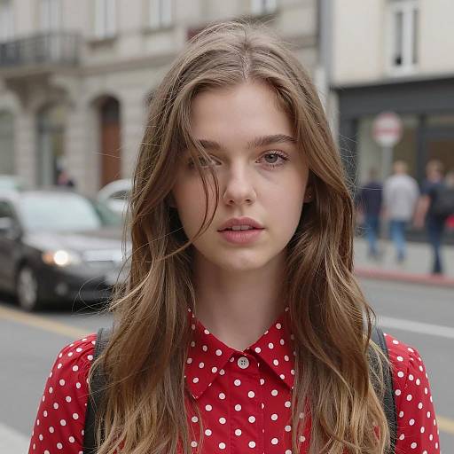 Young Woman in Red Polka Dot Shirt on Urban Street