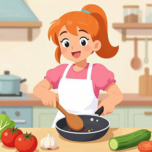 Cartoon-style image of a happy, orange-haired girl in a pink shirt and white apron, cooking in a kitchen, stirring black pan with wooden