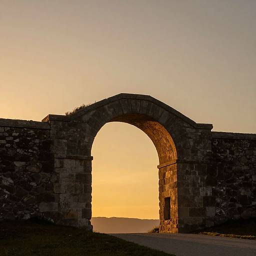 Photograph of a stone archway at sunset, with a golden sky and dark, textured stones silhouetted against the light.