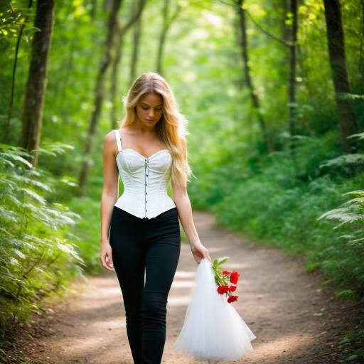 Blonde Woman with Flowers on Forest Path