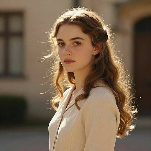 Photograph of a young woman with long, wavy brown hair, wearing a cream-colored blouse, standing in sunlight with a blurred building background.