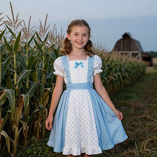 Photograph of a smiling young girl with light brown hair in a blue polka-dot pinafore dress, standing in a cornfield at dusk.
