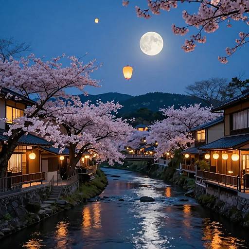 Photograph of a serene Japanese village at twilight, illuminated by moonlight, cherry blossoms, lanterns, and floating lanterns over a reflective river