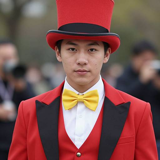 Photograph of an Asian man in a red top hat, red jacket with black lapels, yellow bow tie, and white shirt, standing outdoors with