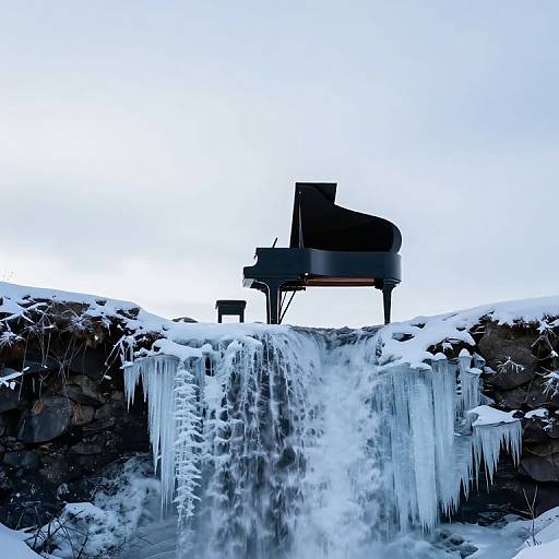 Photograph of a grand piano silhouetted against a bright white sky, placed on a rocky, snow-covered waterfall with icicles hanging from the