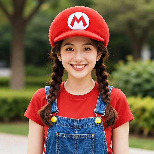 Photograph of a smiling young girl with brown braids, wearing a red Mario hat, red shirt, and blue denim overalls, standing outdoors in
