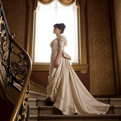 Photograph of a bride in a cream satin gown with a large bow, standing on ornate stairs, backlit by a bright window in a luxurious