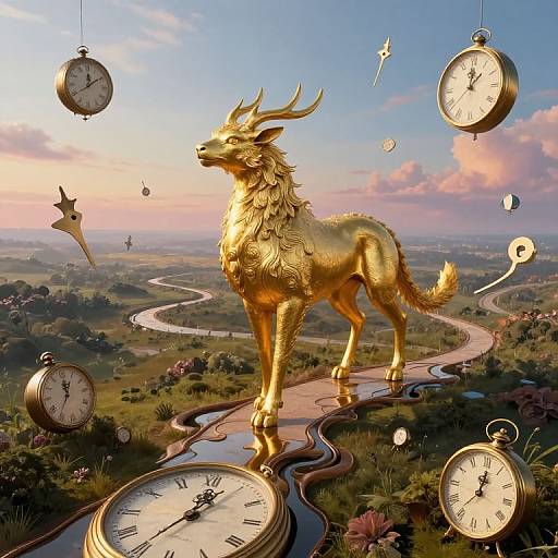 Digital art of a golden, mythical deer with antlers standing on a winding path surrounded by floating clocks in a vibrant, surreal landscape at sunset.