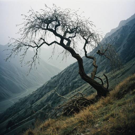 Twisted Willow Tree on Misty Mountainside