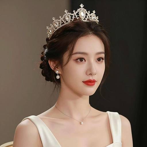 Elegant Asian Woman with Crown and Pearl Jewelry
