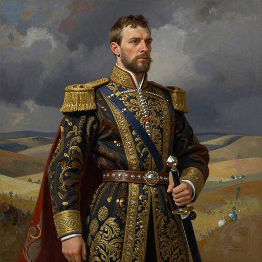 Photorealistic painting of a bearded, serious-looking man in an ornate, gold-embroidered military uniform holding a sword, standing in