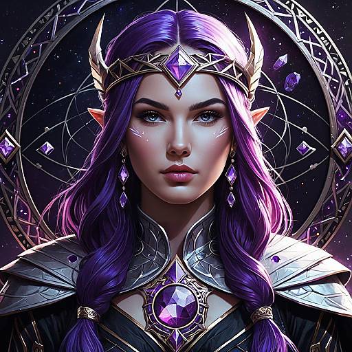 Ethereal Female Oracle with Violet Hair and Amethyst Gems