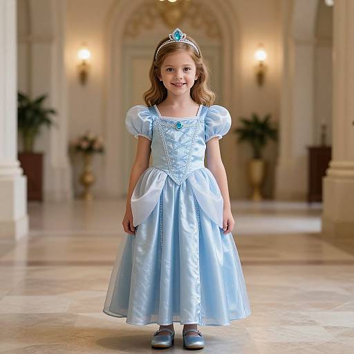 Photograph of a young girl with light brown hair, wearing a blue princess dress, tiara, and silver shoes, standing in an elegant, warmly
