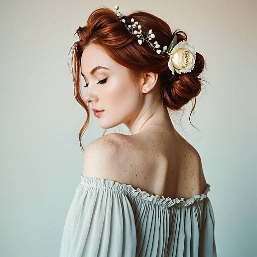 Redhead Woman in Bohemian Dress with Rose Hair Accessory