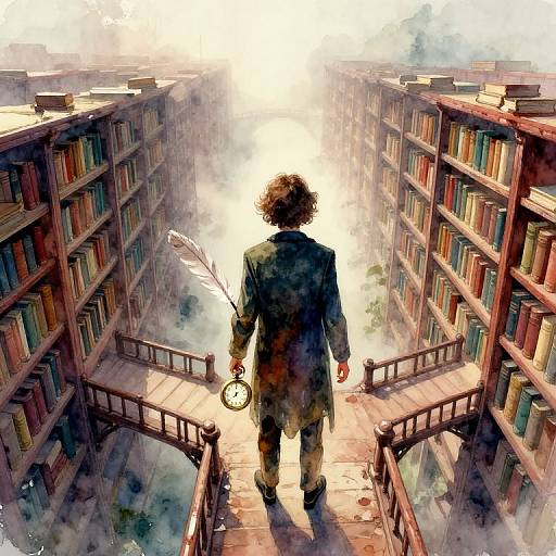 Digital illustration: A curly-haired person in a suit stands on a wooden bridge between towering, book-filled libraries, holding a clock and feather, with bright